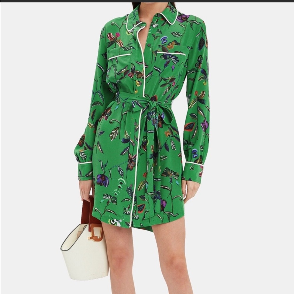 Derek Lam 10 Crosby Emerald Green Floral Button Down Silk Dress Sz 2